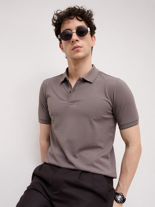 Grey Diamond Weave Polo Knit T-Shirt