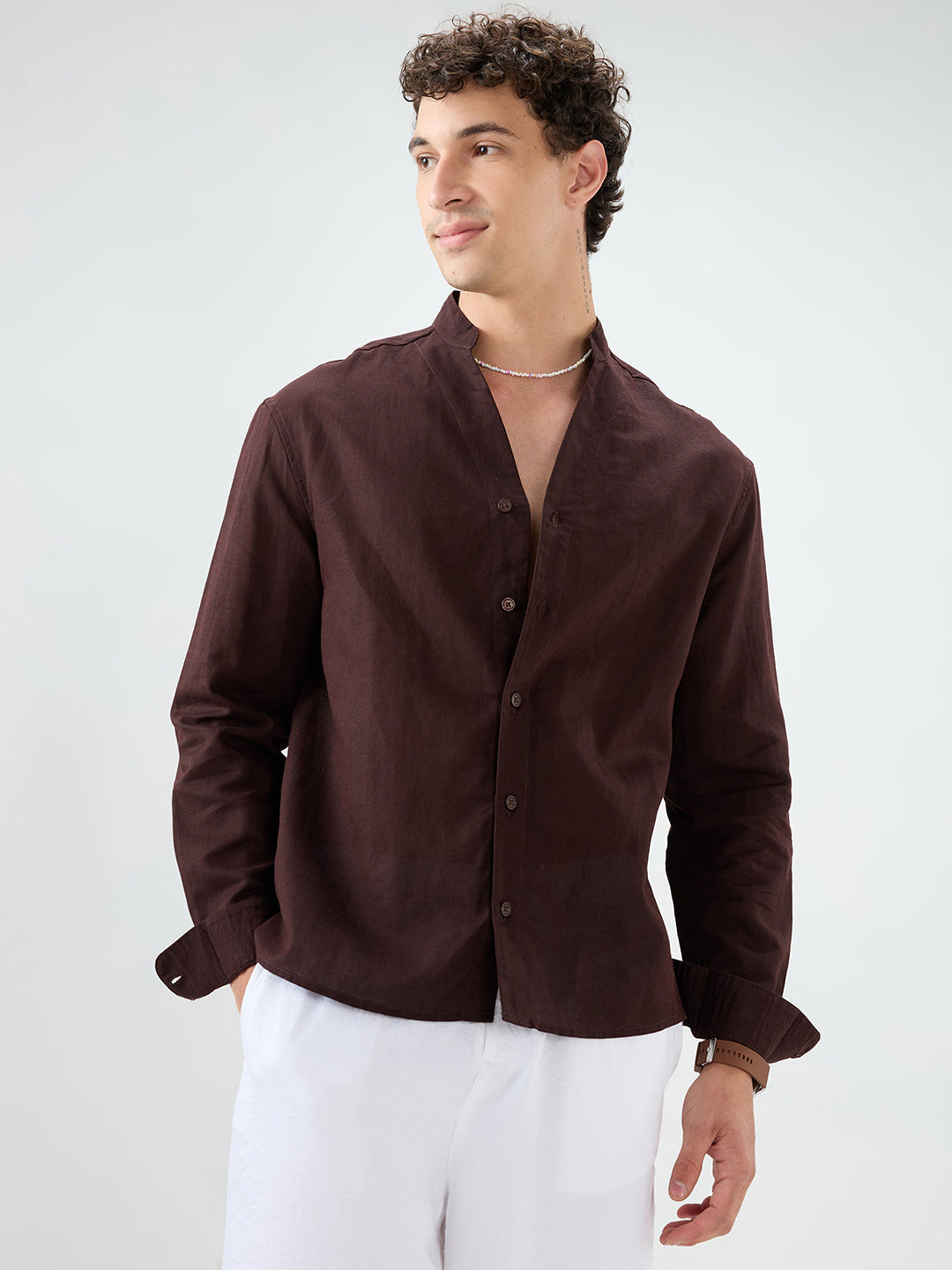 Espresso Brown Linen Blend Stand Collar Oversized Shirt