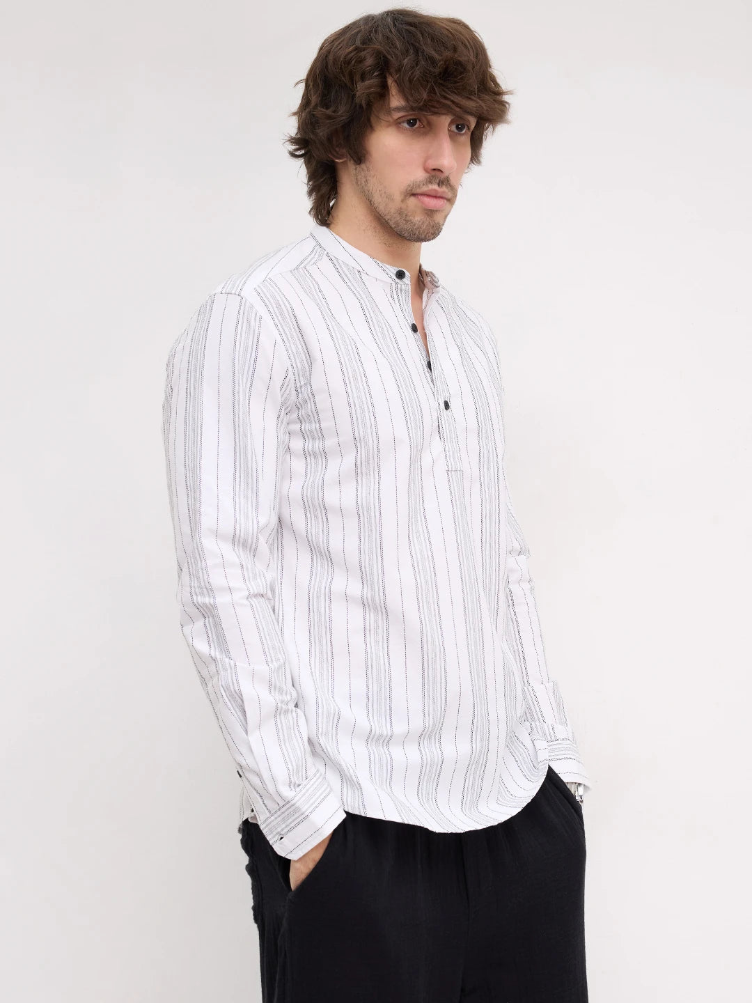 Monochrome Fine Threadwork Striped Kurta