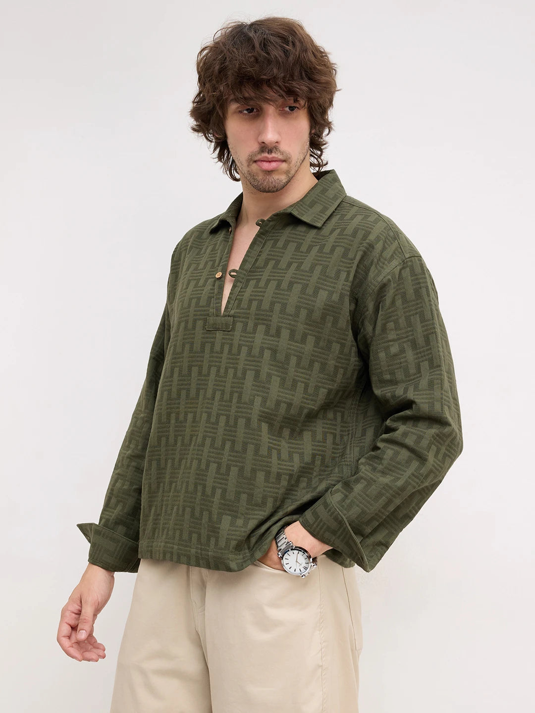 Contemporary Olive Architectural Weave Loop Button Oversized Shirt