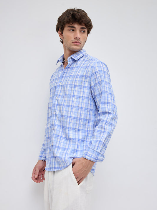Classic Blue & White Balanced Seersucker Checks Shirt