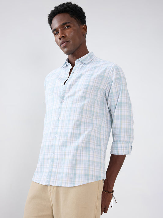 Washed Sage Green Fine Line Grid Checks Shirt