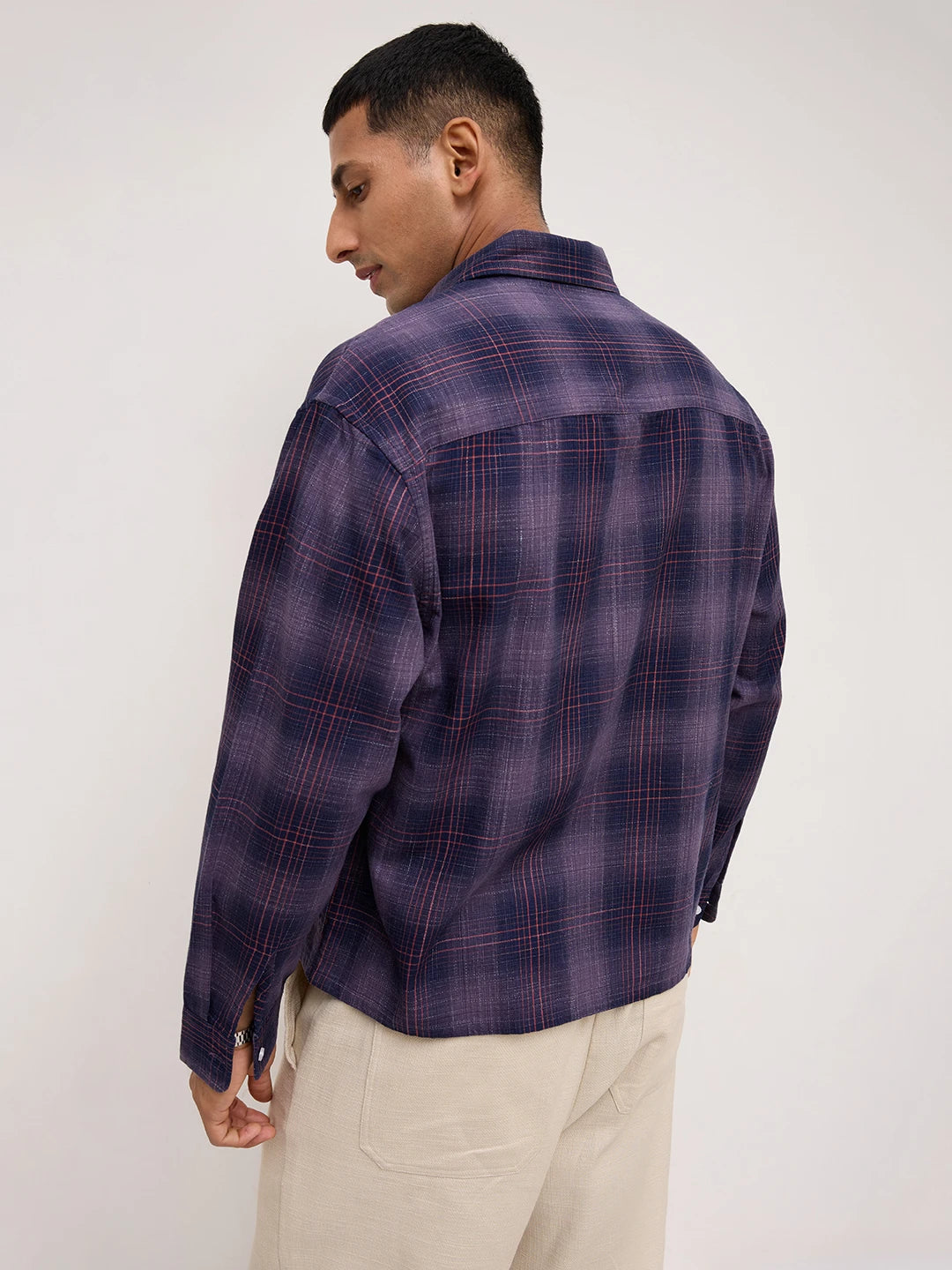 Iconic Purple & Copper Plaid Checks Boxy Fit Crop Shirt