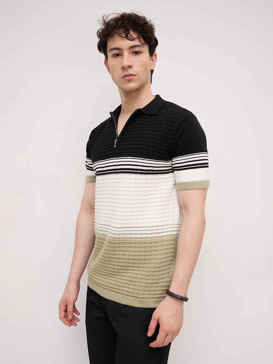 Seaside Contrast Panel Weave Flat Knit Polo T-Shirt