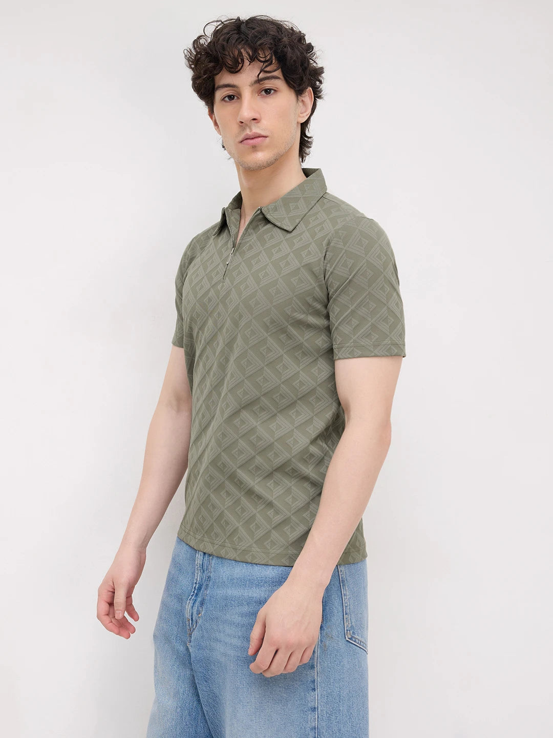 Olive Mist Diamond Embossed Zip Polo Tee