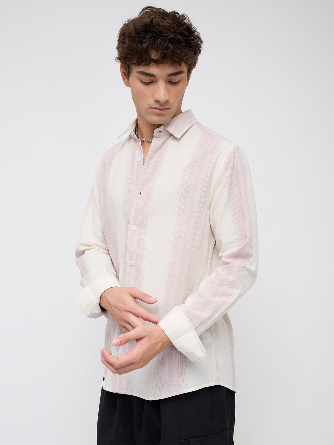 Luxe Misty Pink Refined Striped Linen Blend Shirt