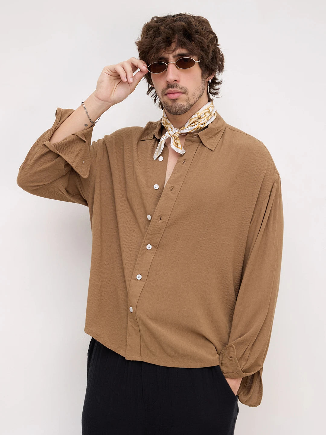 Chocolate Brown Crepe Textured Boxy Fit Crop Shirt