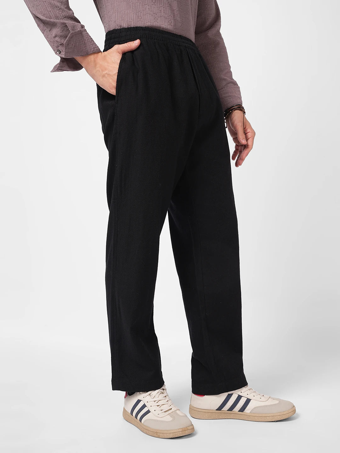 Black Diagonal Twill Textured Tapered Trousers
