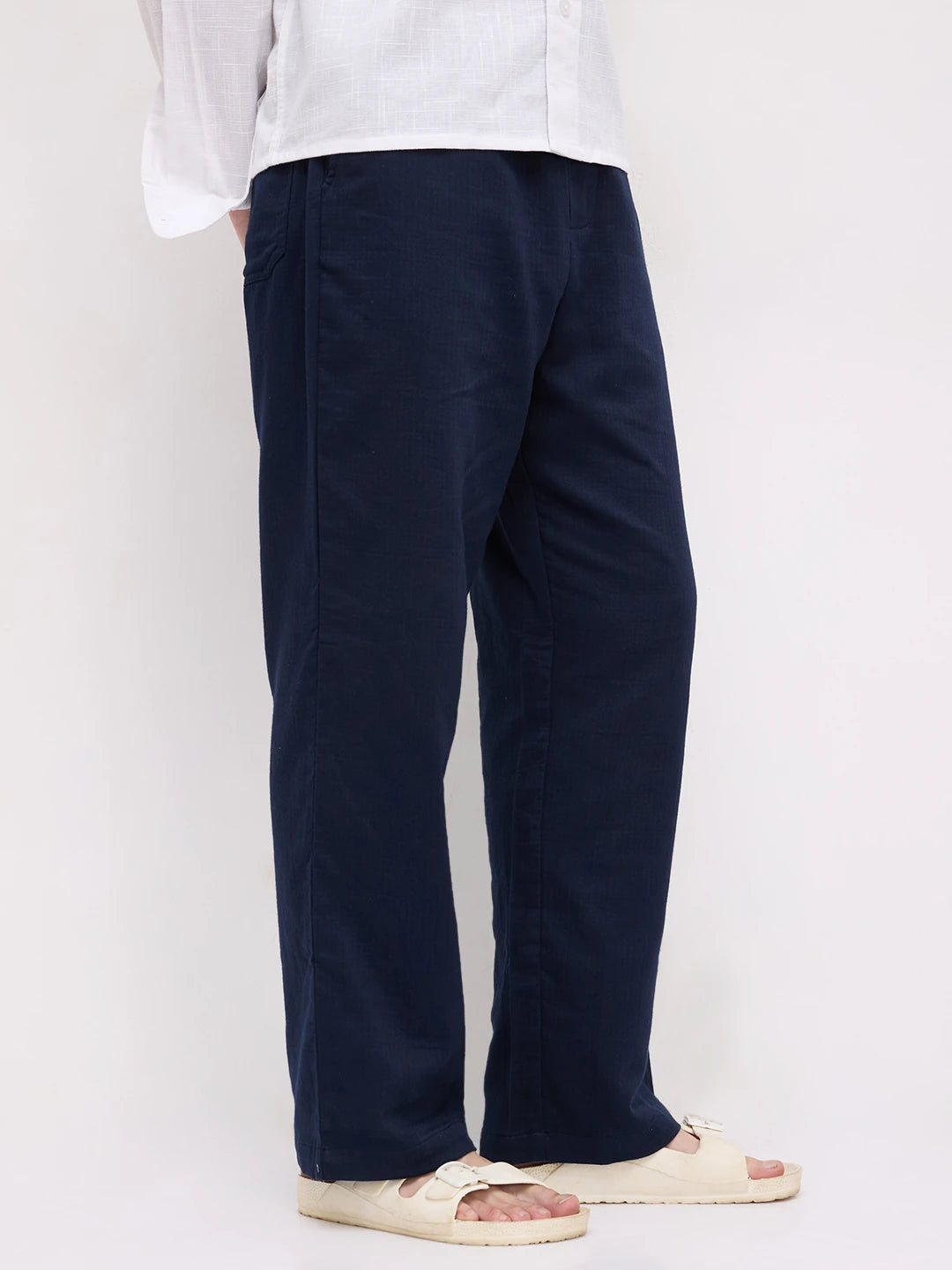 Navy Herringbone Textured Straight Fit Trousers