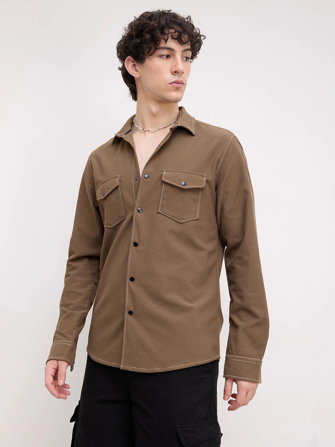 Walnut Brown Twin Pocket Knitted Overshirt