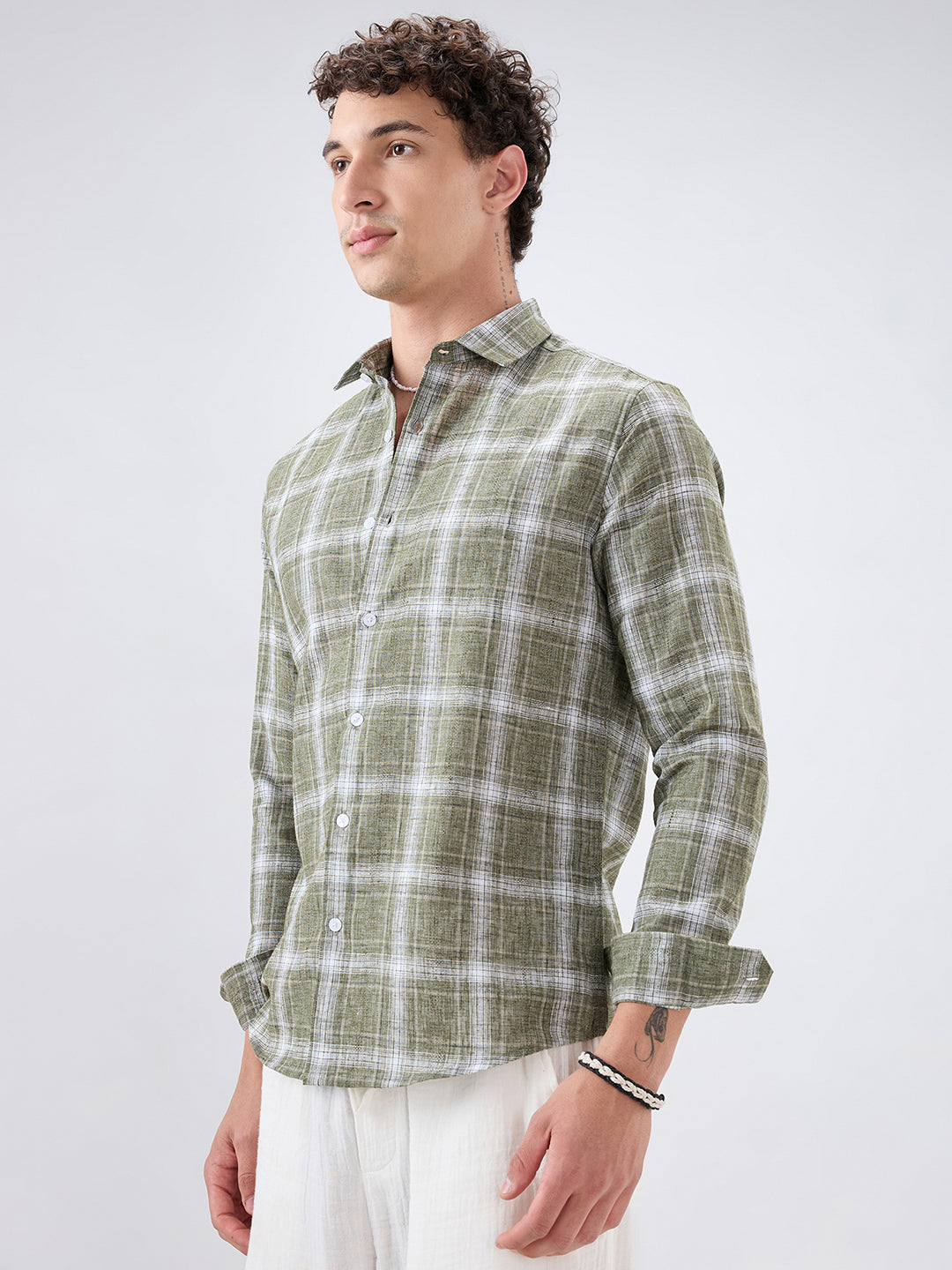 Olive Abstract Grid Checks Textured Shirt