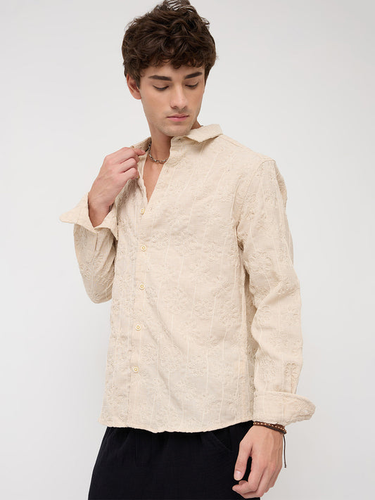 Serene Whispering Bloom Bisque Beige Embroidered Shirt
