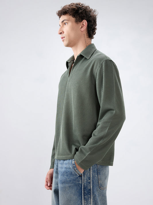 Refined Olive Textured Knitted  Oversized Polo Shirt
