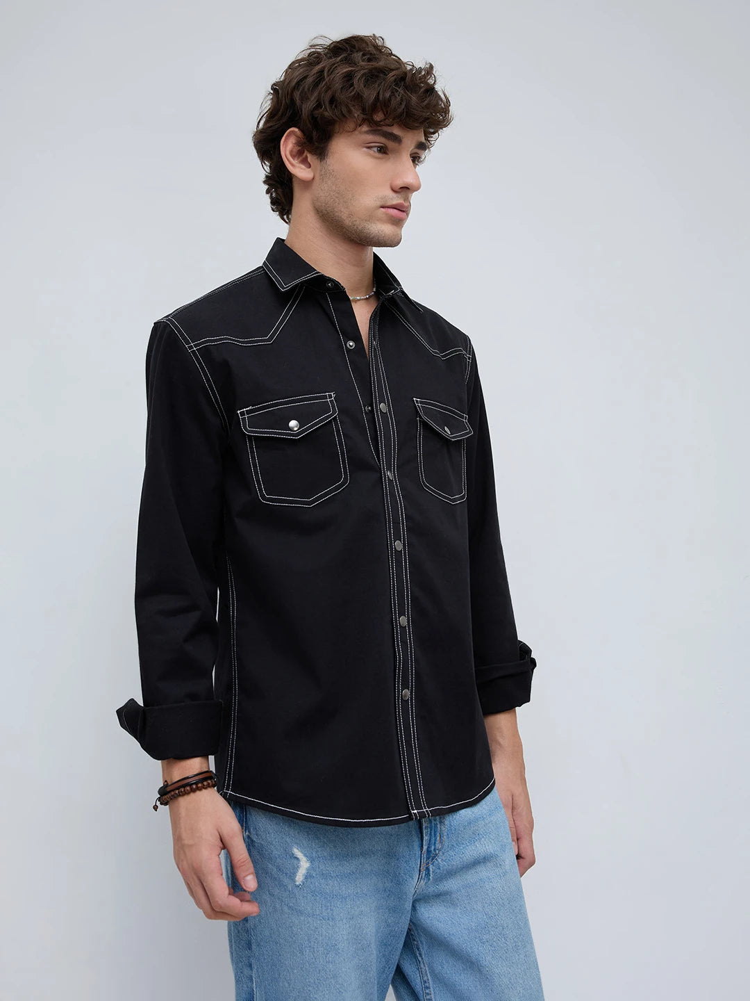 Black Contrast Stitch Twin Pocket Shirt