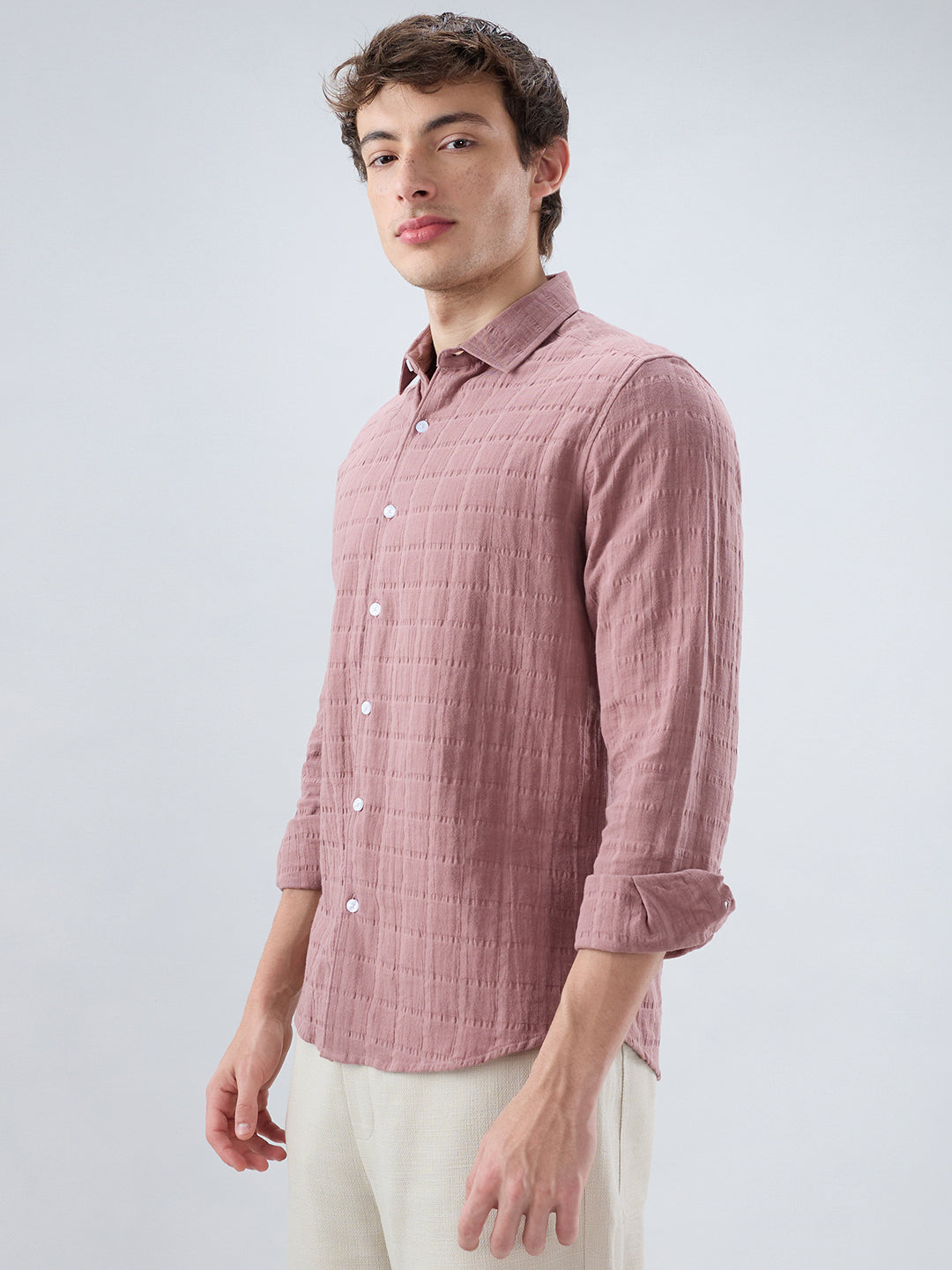 Dusty Peach Box Weave Seersucker Double Cloth Shirt