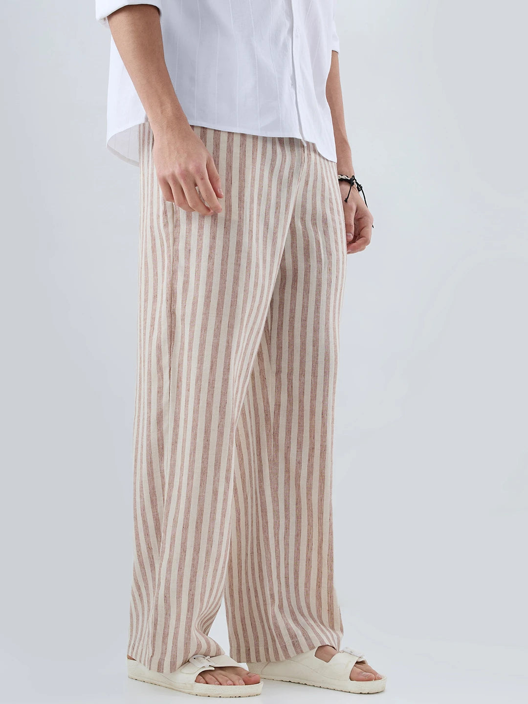 Brown & Ivory Striped Linen Blend Wide Leg Trousers