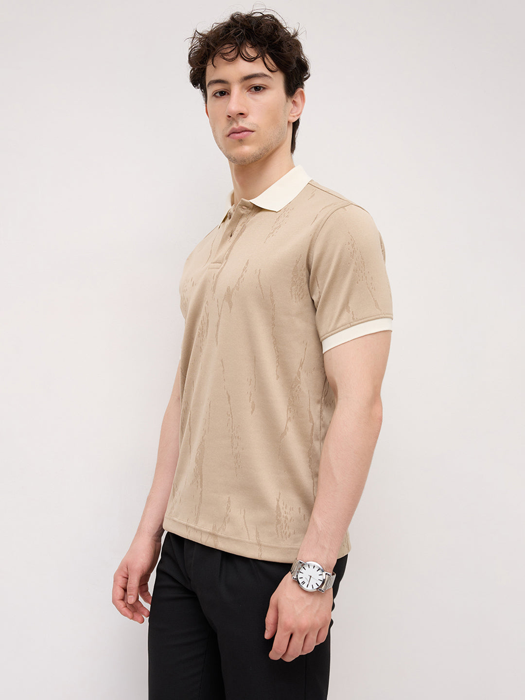 Intricate Beige Textured Contrast Polo Knit T-Shirt