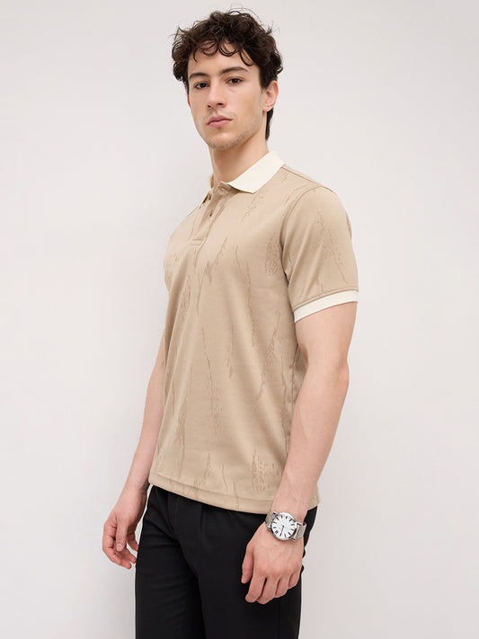 Intricate Beige Textured Contrast Polo Knit T-Shirt