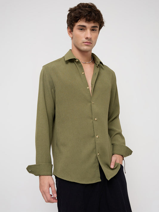 Crushed Olive Textured Crepe Shirt