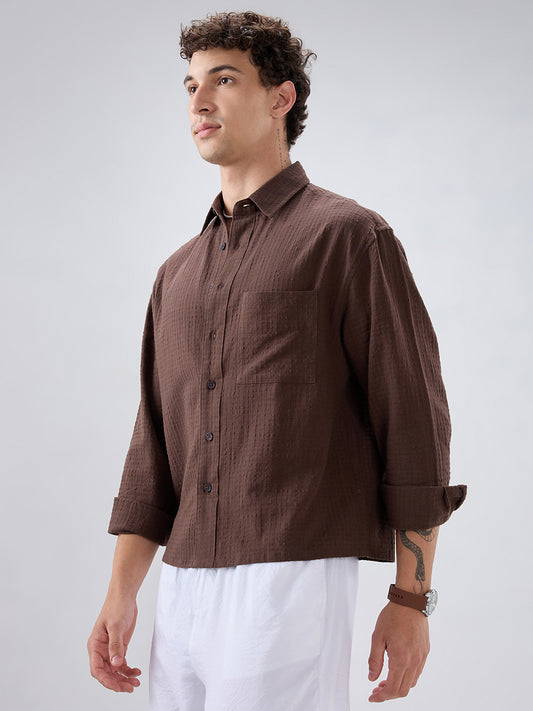 Chocolate Brown Micro Box Textured Boxy Fit Crop Shirt