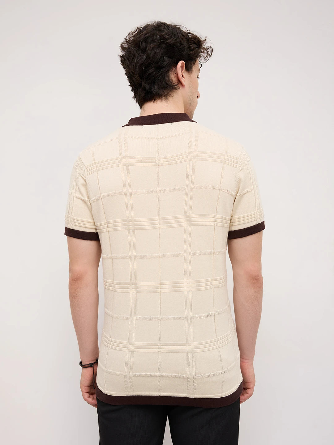 Ivory Windowpane Textured Contrast Polo Flat Knit T-Shirt