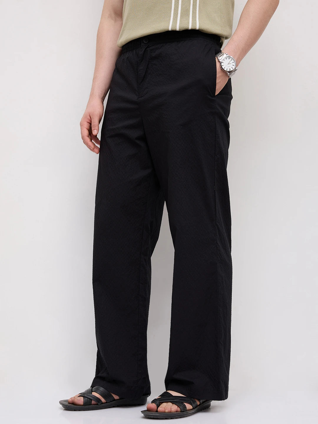 Black Fine Textured Wide Leg Trousers