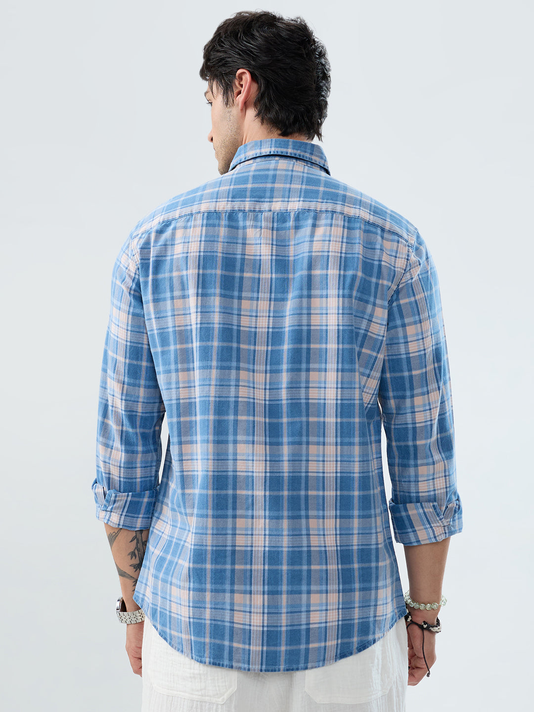 Denim Blue & Peach Plaid Checks Shirt