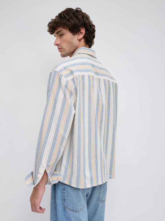 Ornate Multicolor Striped Linen Blend Boxy Fit Crop Shirt