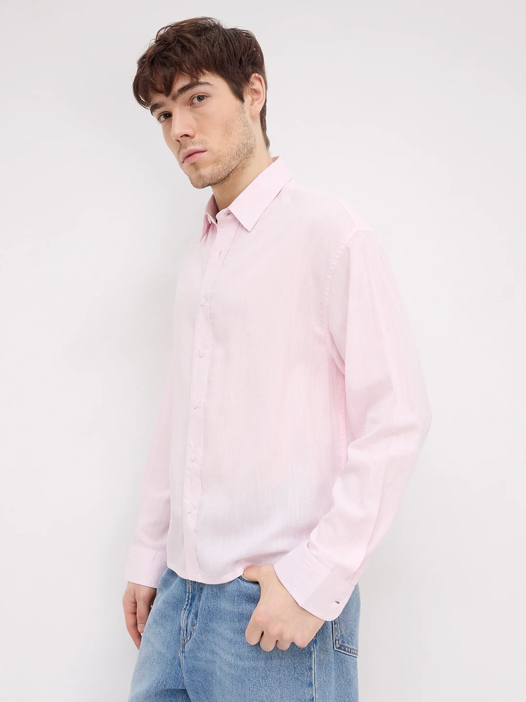 Charming Blush Pink Fine Textured Boxy Fit Crop Shirt