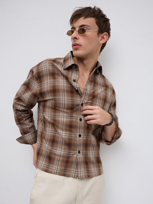 Cocoa Haze Gradient Plaid Classic Boxy Fit Crop Shirt