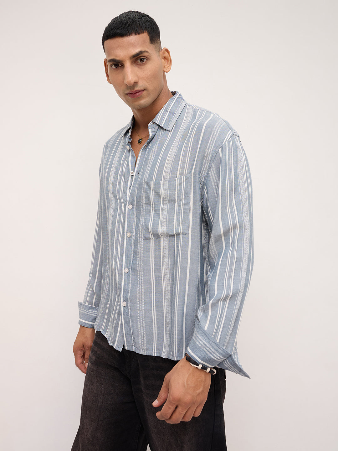 Plushy Grey Stripes Boxy Fit Crop Shirt