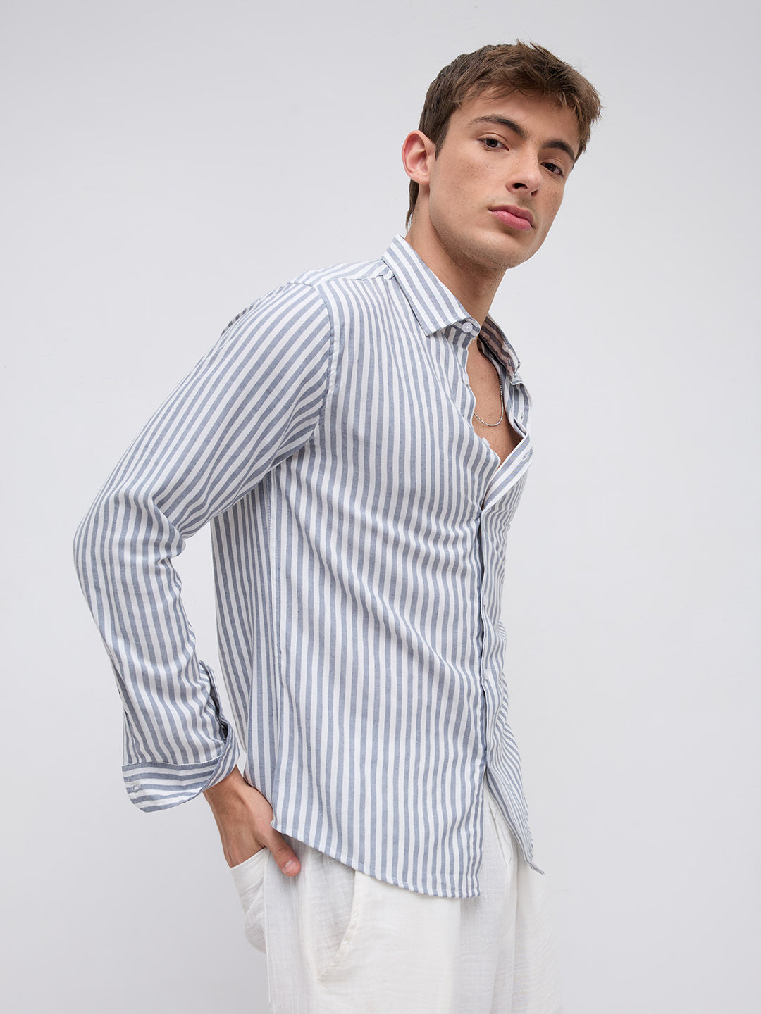 Ash Grey Candy Striped Vacation Shirt