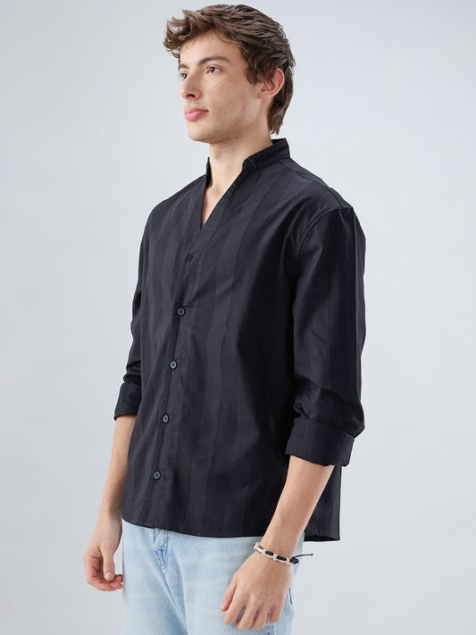 Black Panel Textured Stand Collar Oversized Shirt