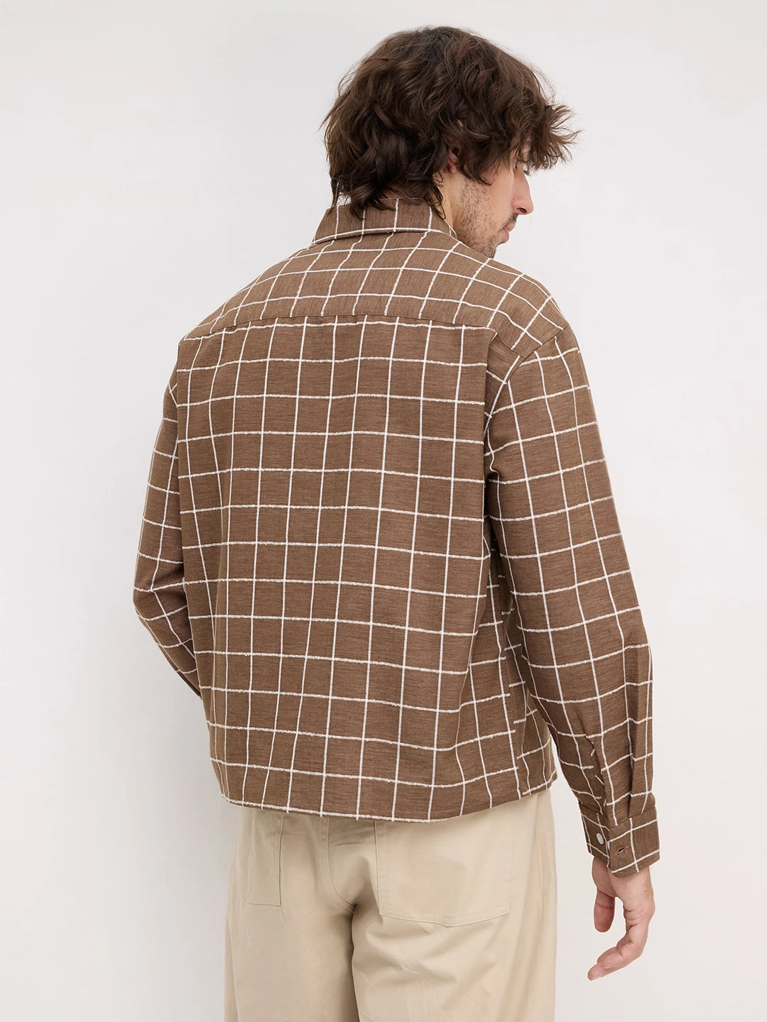 Natural Wood Brown Square Checks Boxy Fit Crop Shirt