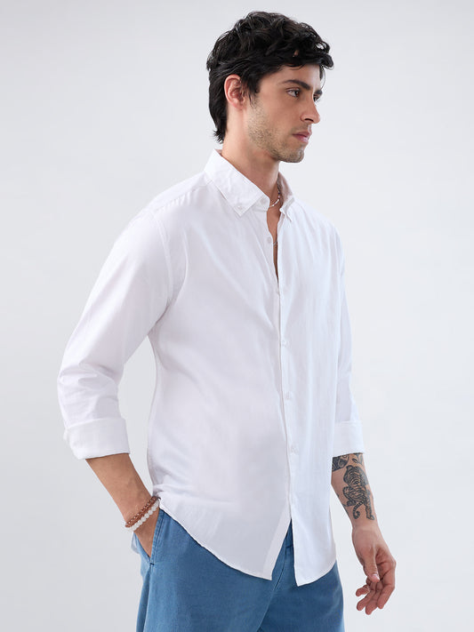 White Satin Button-Down Collar Business Shirt
