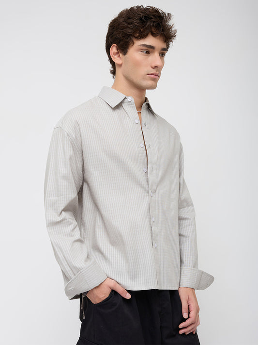 Misty Grey Fine Grid Weave Boxy Fit Crop Shirt