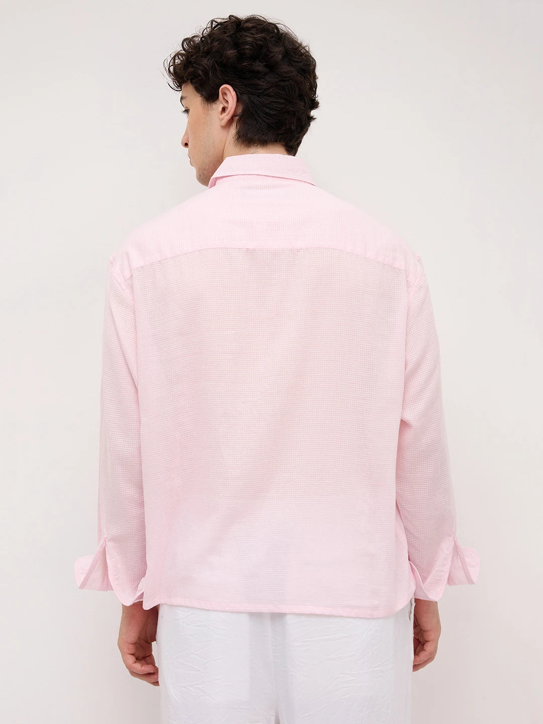 Sheer Blush Pink Gingham Checks Boxy Fit Crop Shirt