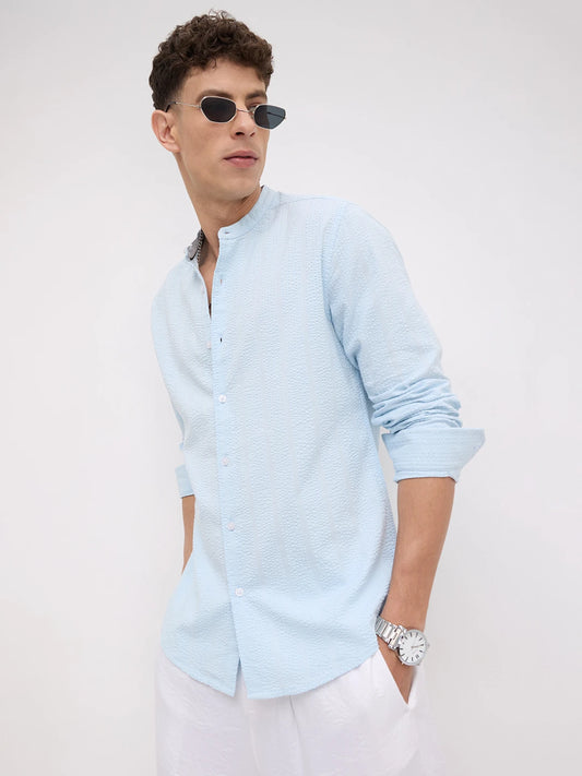 Luxe Sky Blue Seersucker Mandarin Shirt