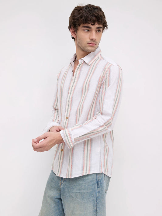 Olive Multi Striped Slub Textured Shirt
