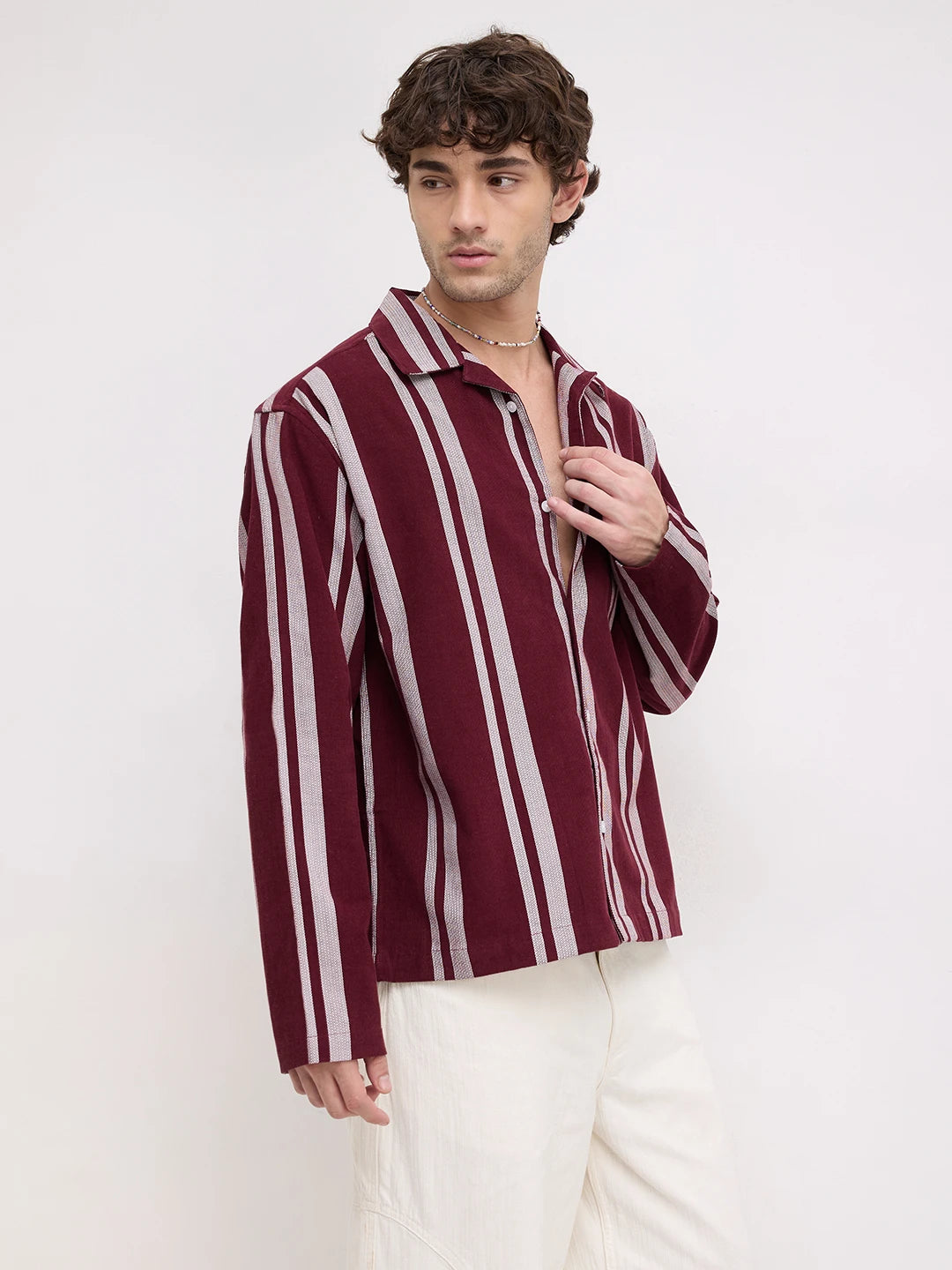 Luxe Maroon Contrast Striped Corduroy Notch Collar Oversized Shirt