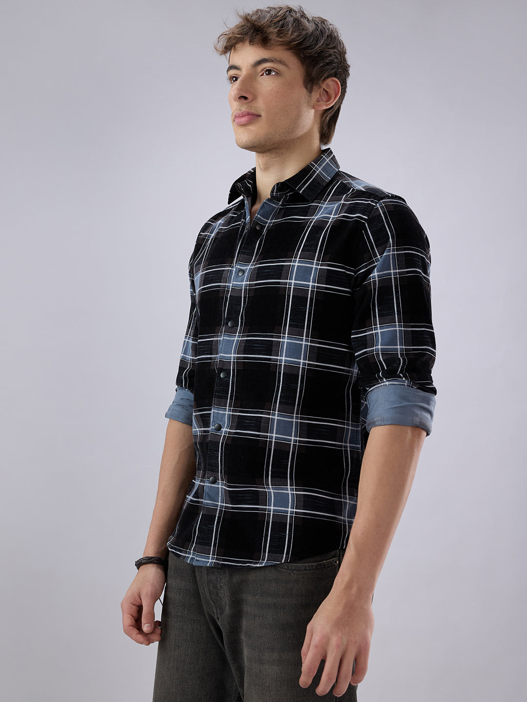 Refined Black & Blue Plaid Checks Flannel Corduroy Shirt