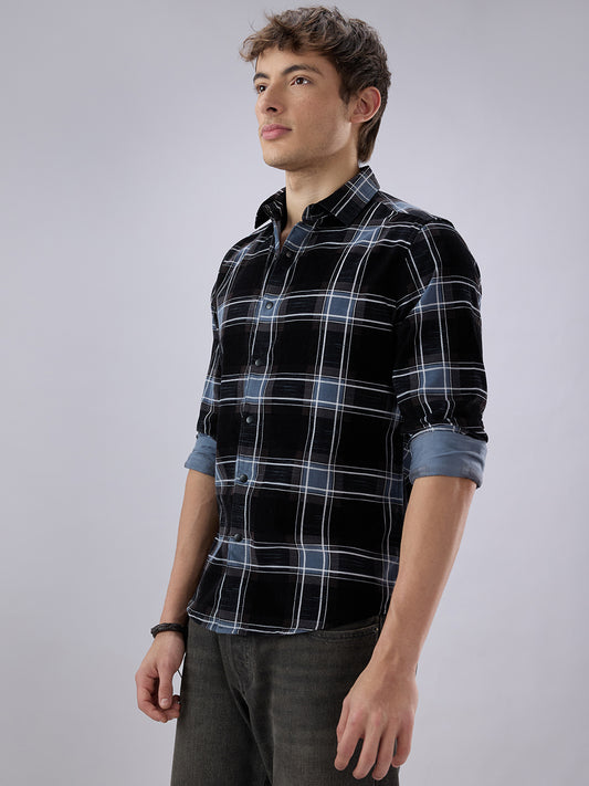 Refined Black & Blue Plaid Checks Flannel Corduroy Shirt