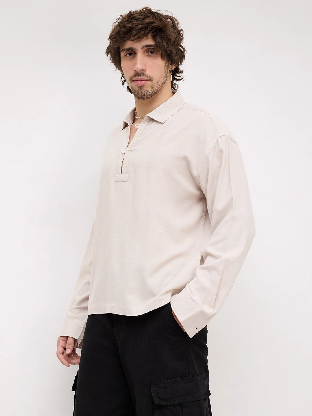 Iconic Beige Loop Button Oversized Shirt