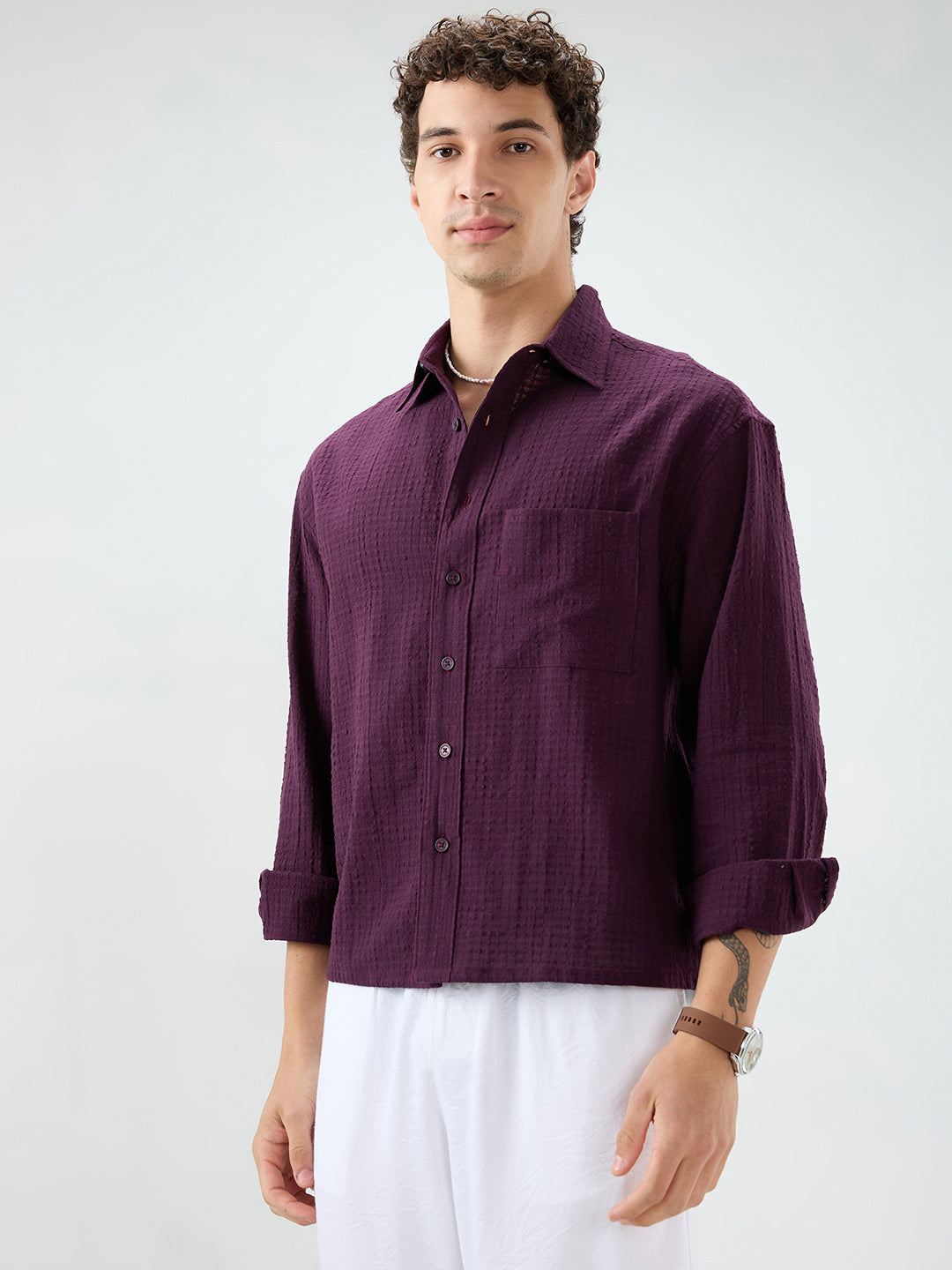 Wine Micro Box Textured Boxy Fit Crop Shirt