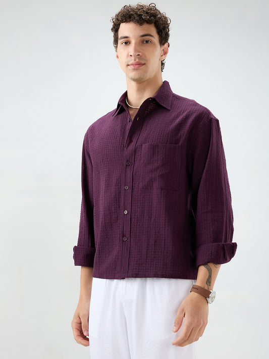 Wine Micro Box Textured Boxy Fit Crop Shirt