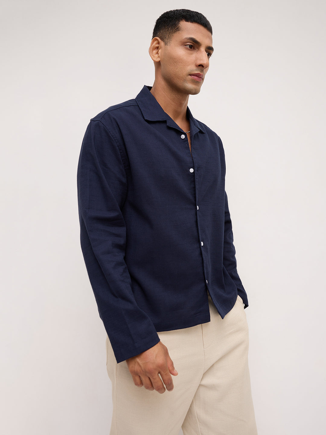 Elite Navy Slub Textured Oversized Notch Collar Shirt
