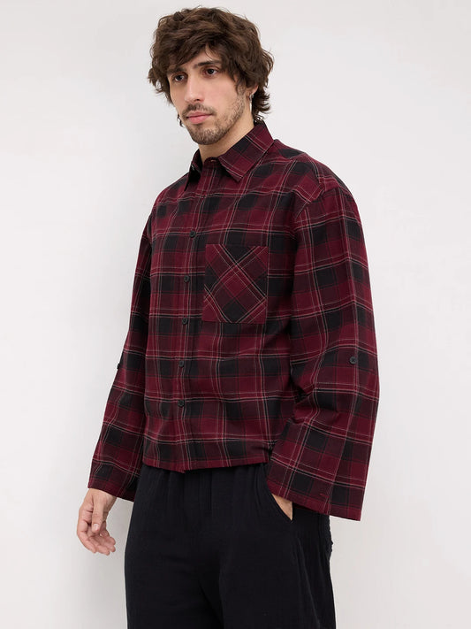 Luxe Blood Red Multi-Line Square Checks Cuffless Oversized Crop Shirt