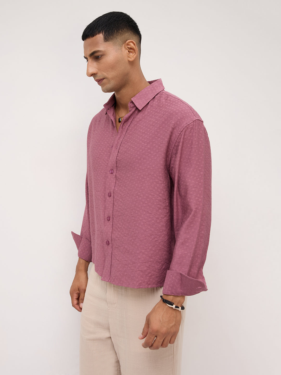 Rosewood Pink Dot Textured Boxy Fit Crop Shirt