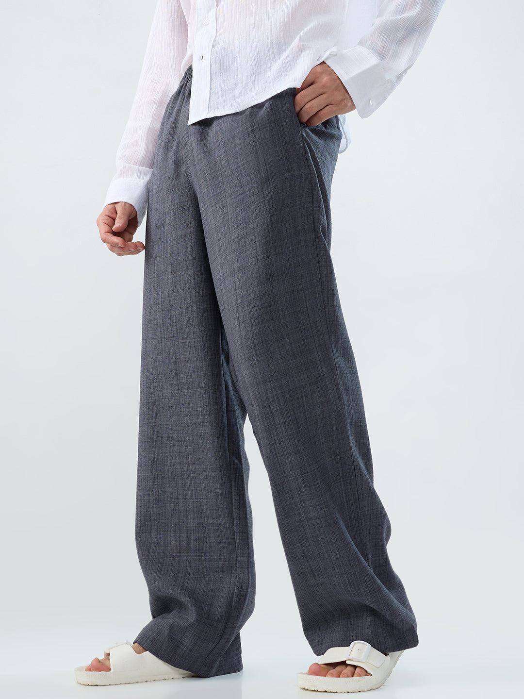 Charcoal Grey Slub Textured Wide-Leg Trousers