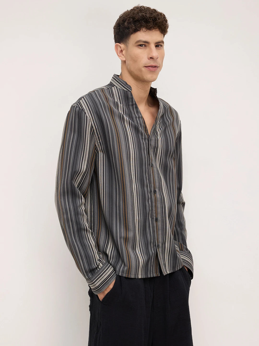 Arctic Breeze Honeycomb Grid Weave Mandarin Shirt